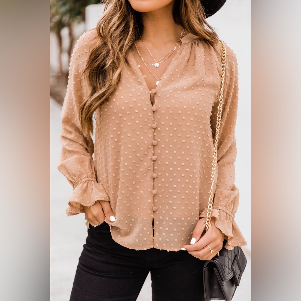 Pink Lily Wander The City Swiss Dot Brown Blouse - Size Small